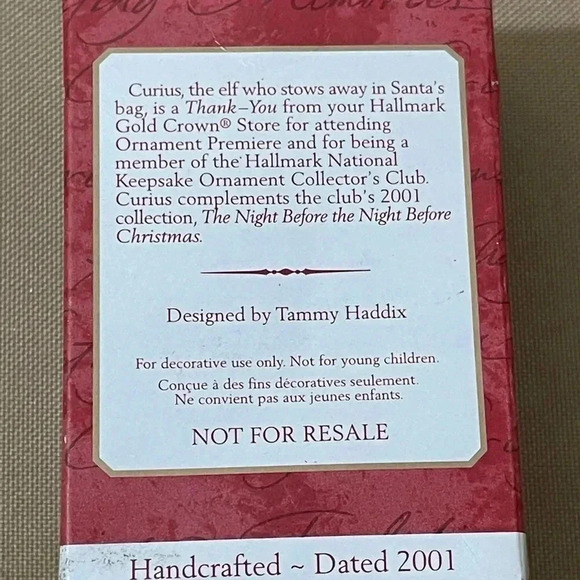 Hallmark 2001 Keepsake Ornament Curius the Elf w/Box - Picture 7 of 8